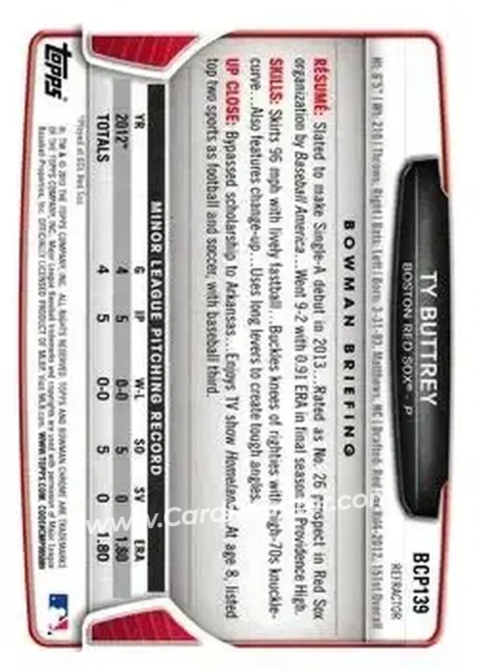 2013 Bowman Chrome - Prospects Refractors #BCP139 - Ty Buttrey - Boston Red Sox - Back
