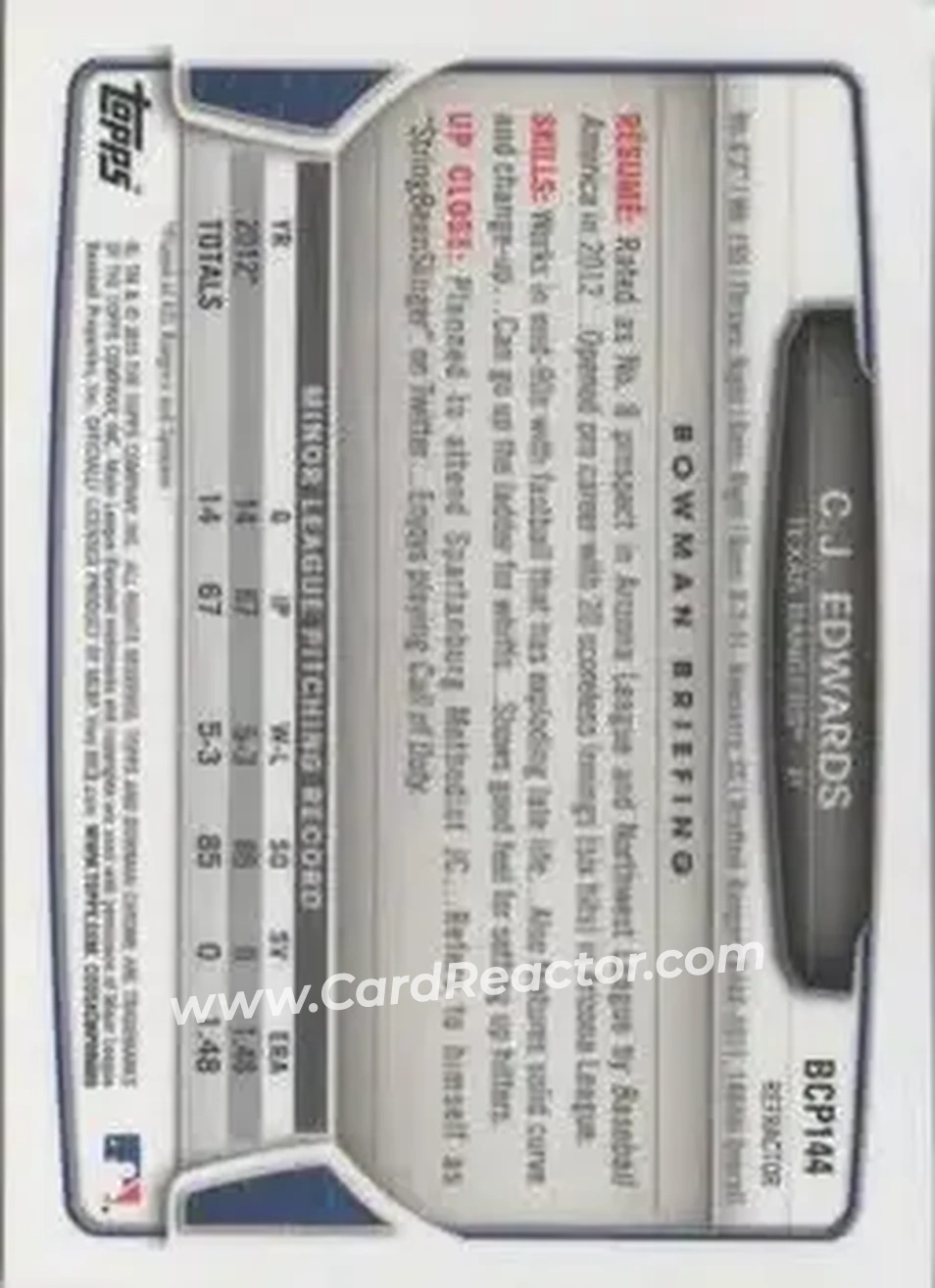 2013 Bowman Chrome - Prospects Refractors #BCP144 - C.J. Edwards - Texas Rangers - Back