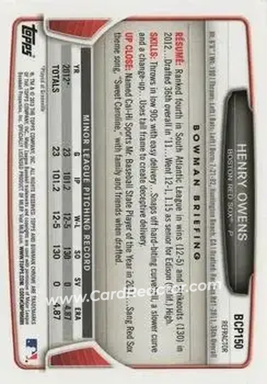 2013 Bowman Chrome - Prospects Refractors #BCP150 - Henry Owens - Boston Red Sox - Back