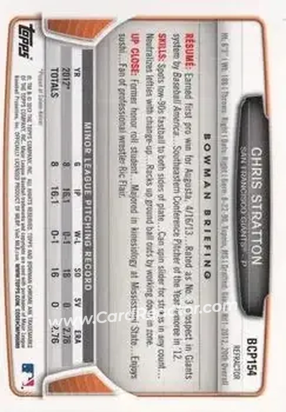 2013 Bowman Chrome - Prospects Refractors #BCP154 - Chris Stratton - San Francisco Giants - Back 2013 Bowman Chrome - Prospects Refractors #BCP154 - Chris Stratton - San Francisco Giants - Back