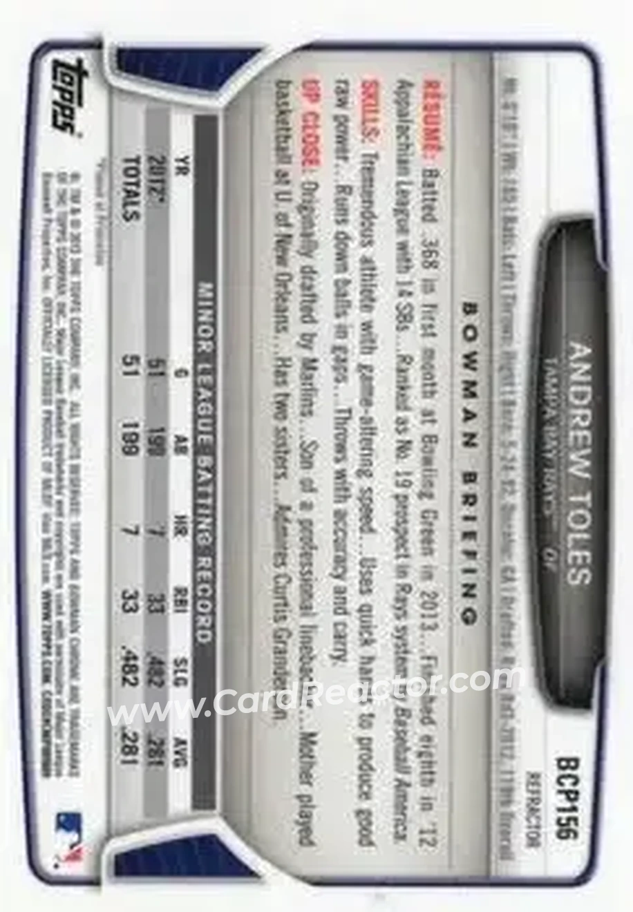 2013 Bowman Chrome - Prospects Refractors #BCP156 - Andrew Toles - Tampa Bay Rays - Back