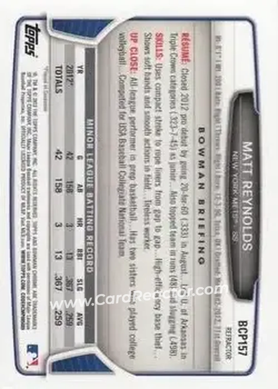 2013 Bowman Chrome - Prospects Refractors #BCP157 - Matt Reynolds - New York Mets - Back 2013 Bowman Chrome - Prospects Refractors #BCP157 - Matt Reynolds - New York Mets - Back