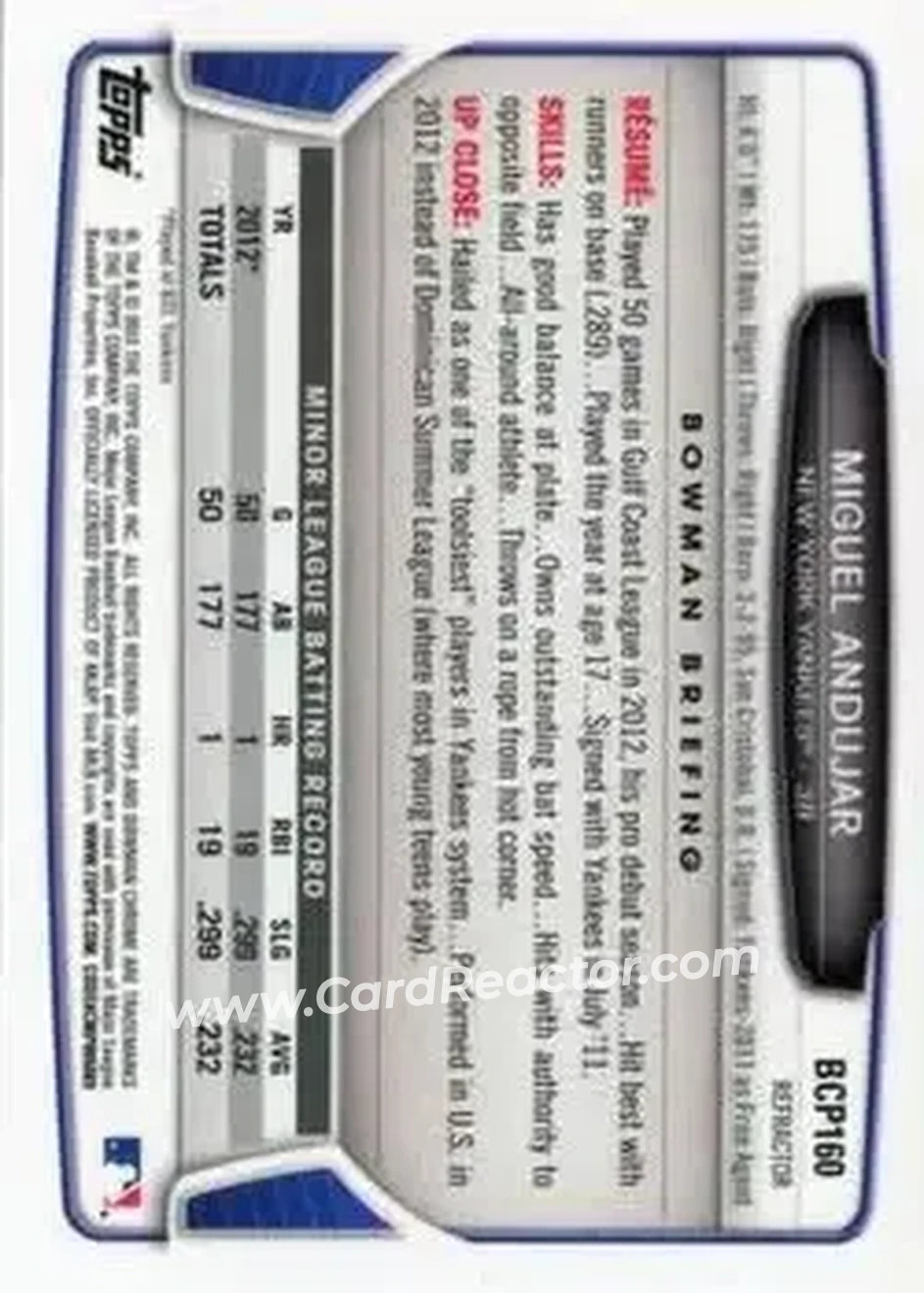 2013 Bowman Chrome - Prospects Refractors #BCP160 - Miguel Andujar - New York Yankees - Back 2013 Bowman Chrome - Prospects Refractors #BCP160 - Miguel Andujar - New York Yankees - Back