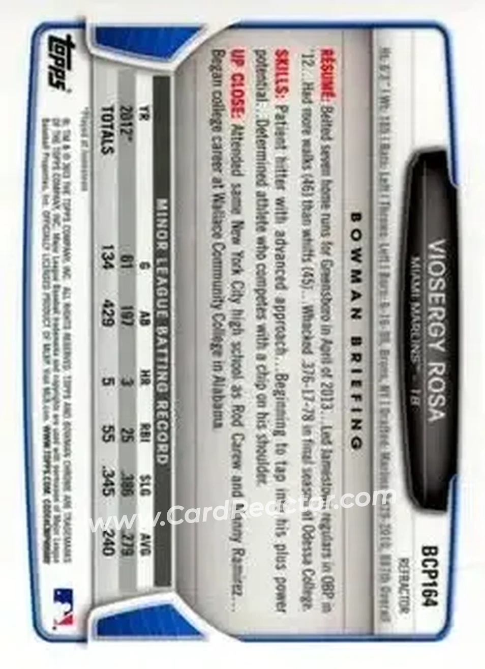 2013 Bowman Chrome - Prospects Refractors #BCP164 - Viosergy Rosa - Miami Marlins - Back