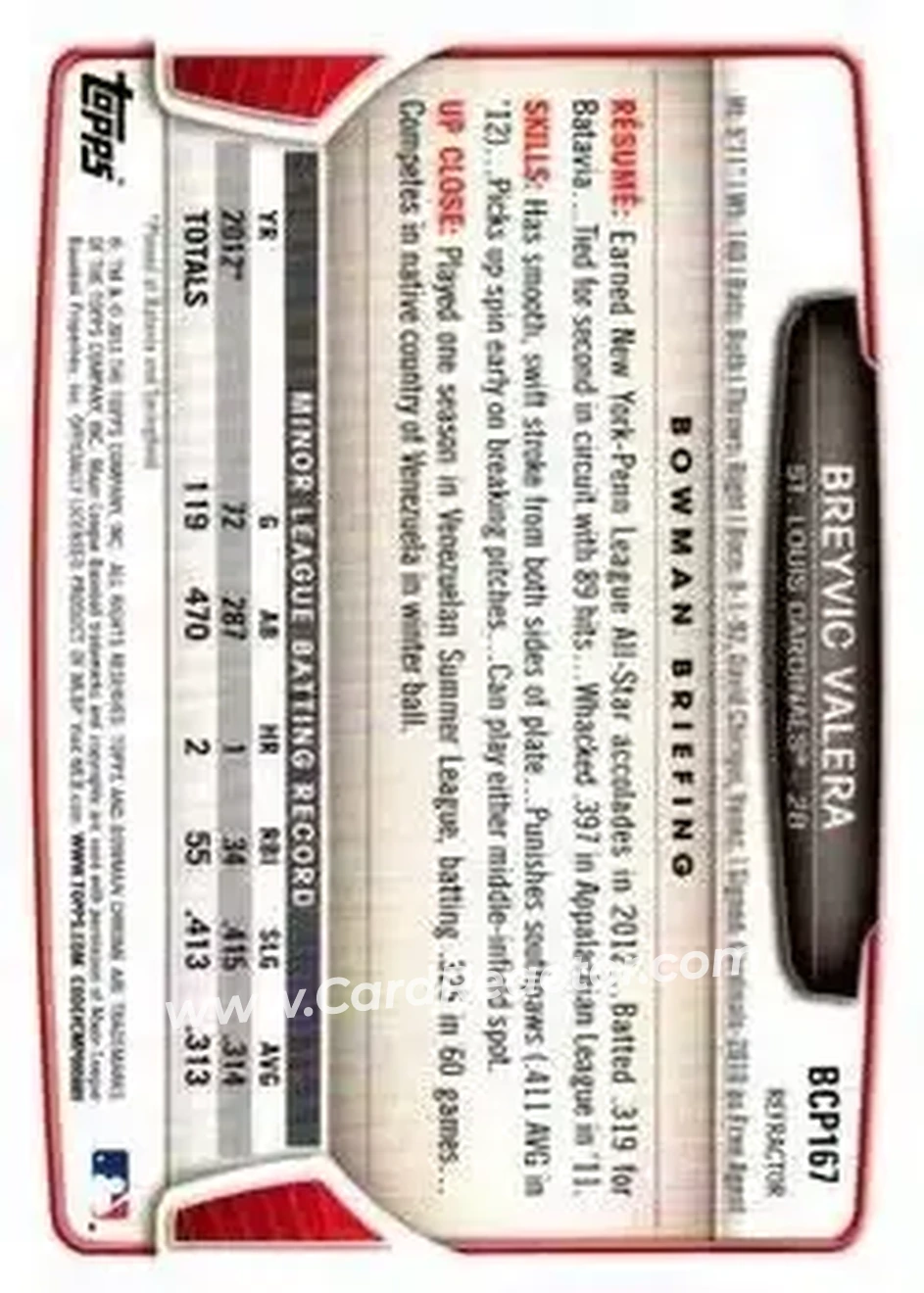 2013 Bowman Chrome - Prospects Refractors #BCP167 - Breyvic Valera - St. Louis Cardinals - Back 2013 Bowman Chrome - Prospects Refractors #BCP167 - Breyvic Valera - St. Louis Cardinals - Back