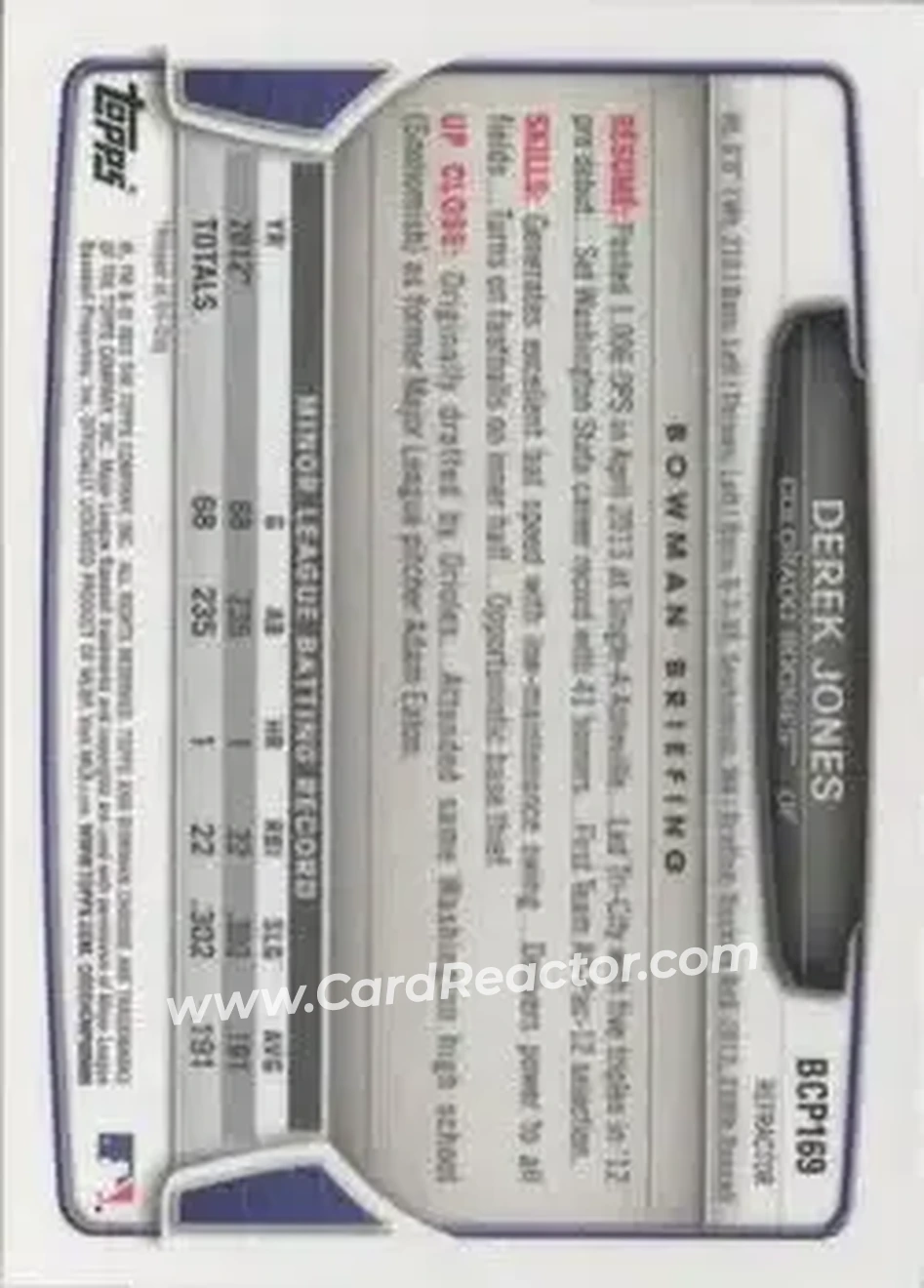 2013 Bowman Chrome - Prospects Refractors #BCP169 - Derek Jones - Colorado Rockies - Back