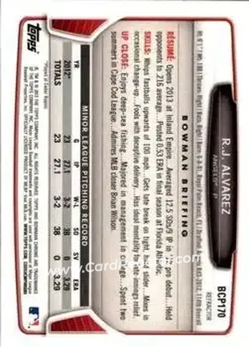 2013 Bowman Chrome - Prospects Refractors #BCP170 - R.J. Alvarez - Los Angeles Angels - Back 2013 Bowman Chrome - Prospects Refractors #BCP170 - R.J. Alvarez - Los Angeles Angels - Back