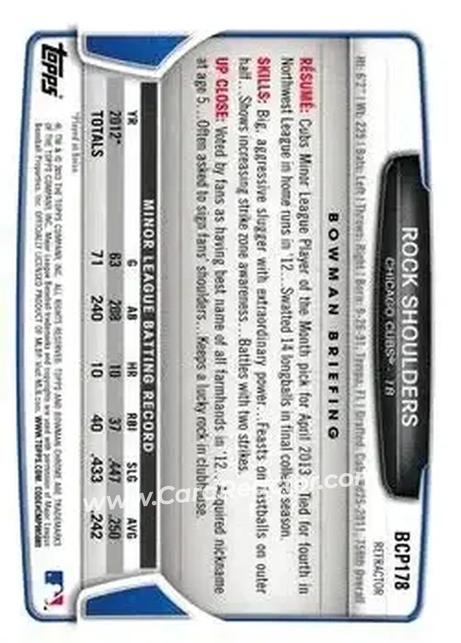2013 Bowman Chrome - Prospects Refractors #BCP178 - Rock Shoulders - Chicago Cubs - Back