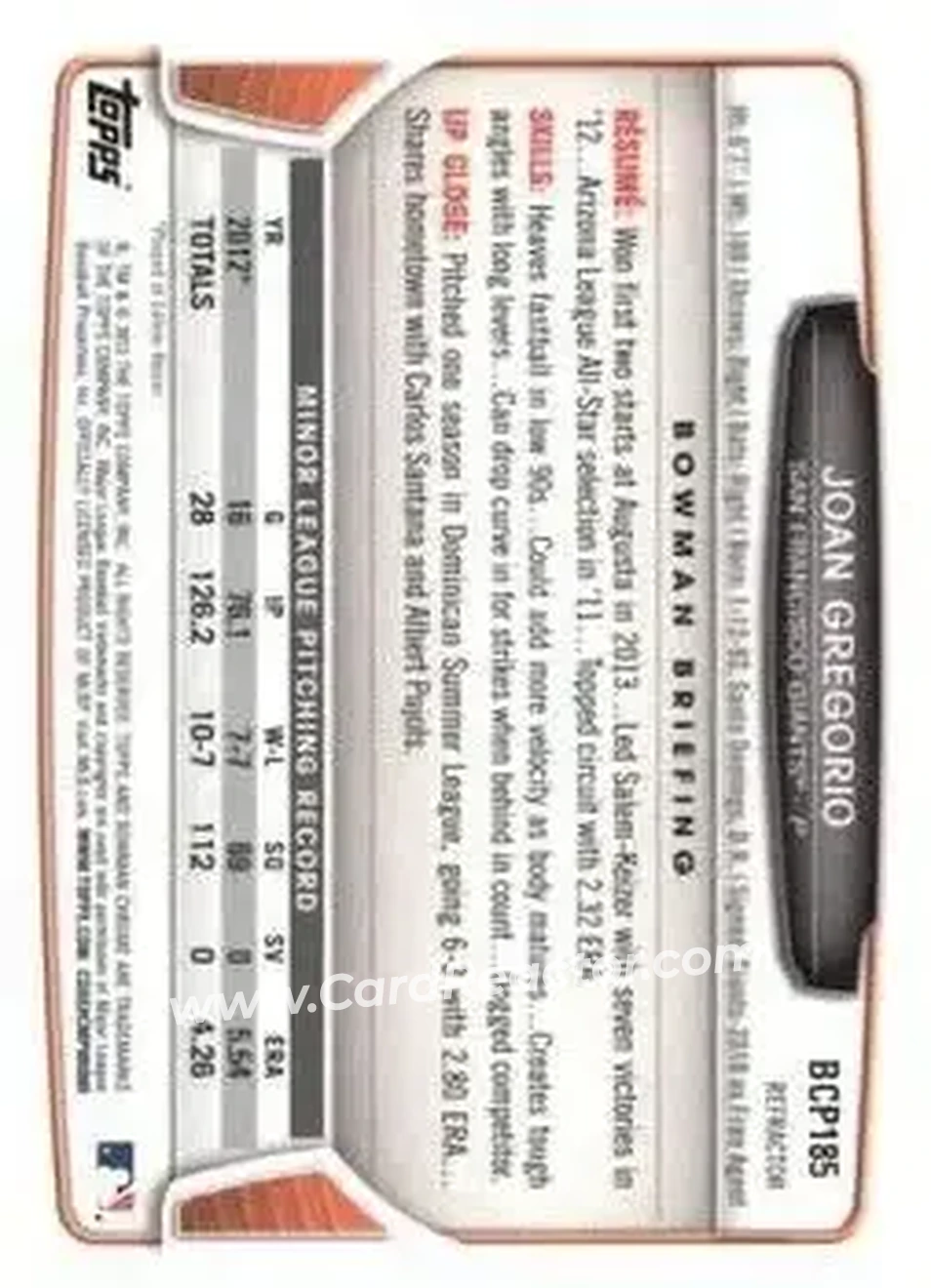 2013 Bowman Chrome - Prospects Refractors #BCP185 - Joan Gregorio - San Francisco Giants - Back