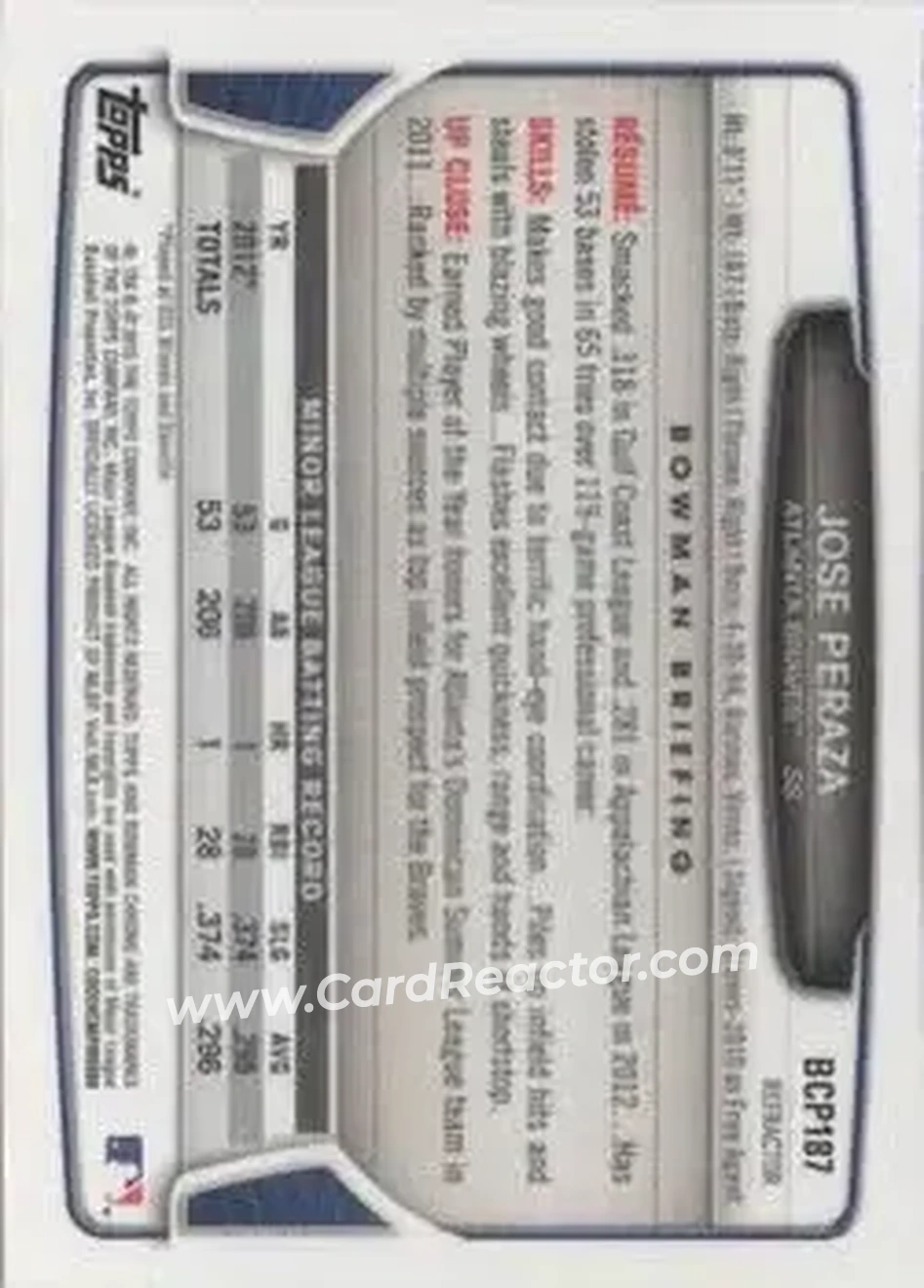 2013 Bowman Chrome - Prospects Refractors #BCP187 - Jose Peraza - Atlanta Braves - Back 2013 Bowman Chrome - Prospects Refractors #BCP187 - Jose Peraza - Atlanta Braves - Back