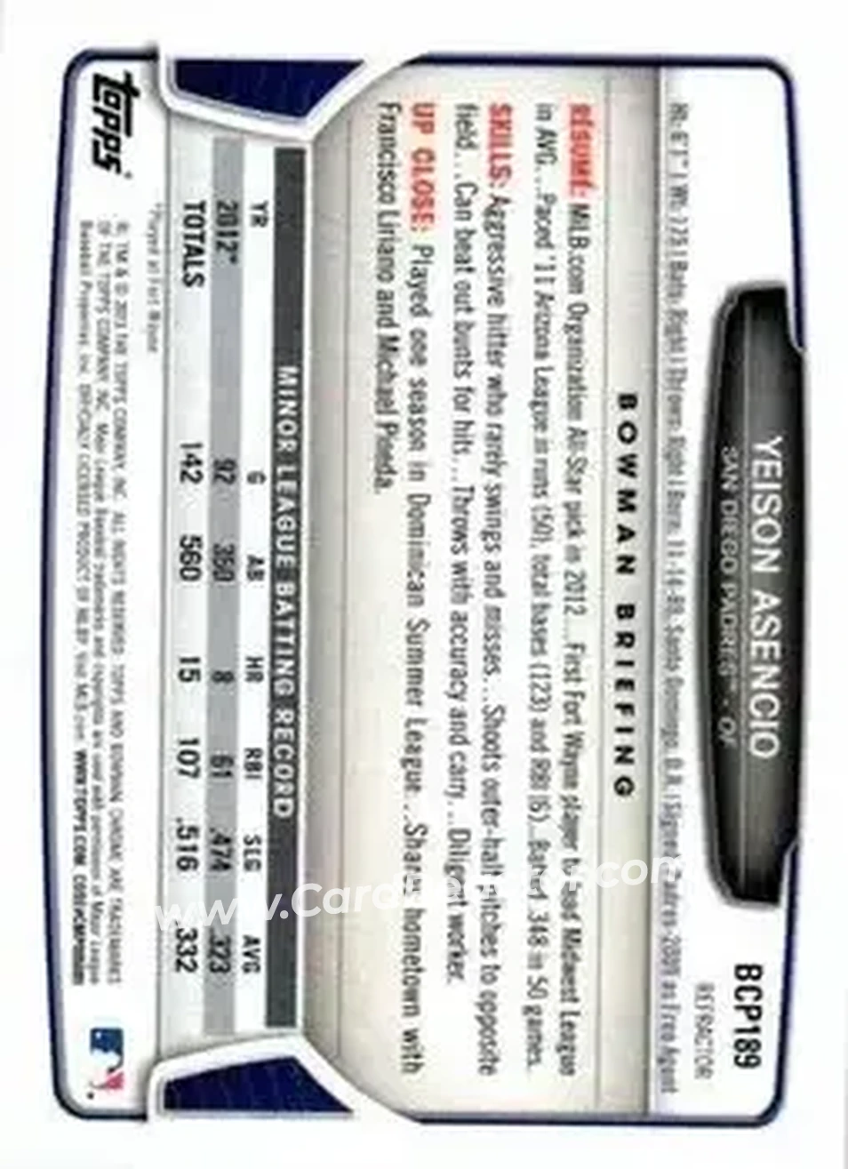2013 Bowman Chrome - Prospects Refractors #BCP189 - Yeison Asencio - San Diego Padres - Back 2013 Bowman Chrome - Prospects Refractors #BCP189 - Yeison Asencio - San Diego Padres - Back