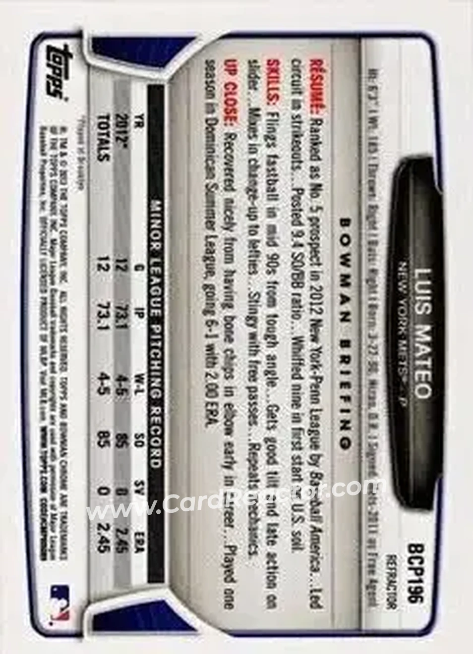 2013 Bowman Chrome - Prospects Refractors #BCP196 - Luis Mateo - New York Mets - Back