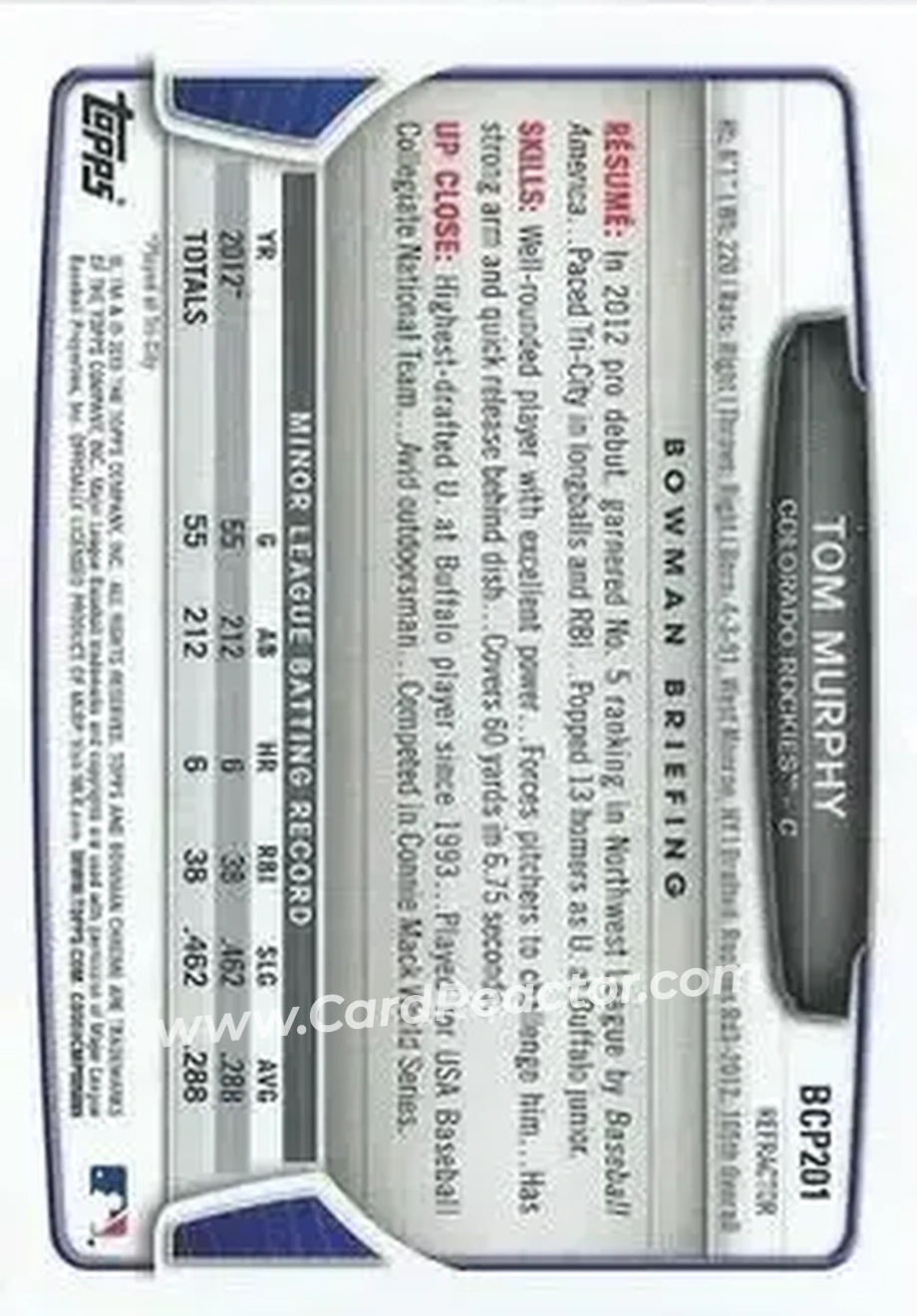 2013 Bowman Chrome - Prospects Refractors #BCP201 - Tom Murphy - Colorado Rockies - Back