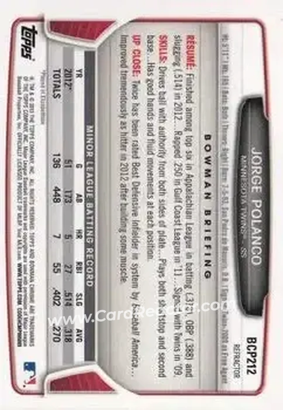 2013 Bowman Chrome - Prospects Refractors #BCP212 - Jorge Polanco - Minnesota Twins - Back