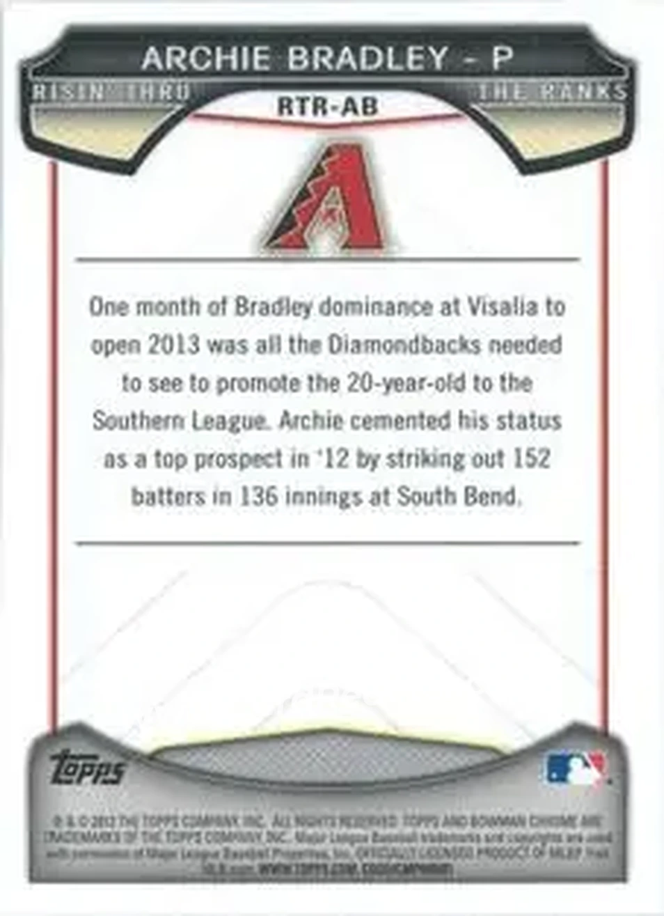 2013 Bowman Chrome - Risin' Thru the Ranks Mini #RTR-AB - Archie Bradley - Arizona Diamondbacks - Back