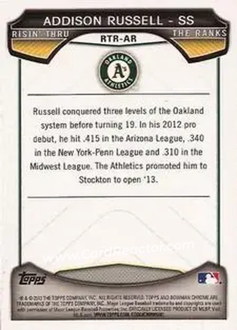 2013 Bowman Chrome - Risin' Thru the Ranks Mini #RTR-AR - Addison Russell - Oakland Athletics - Back