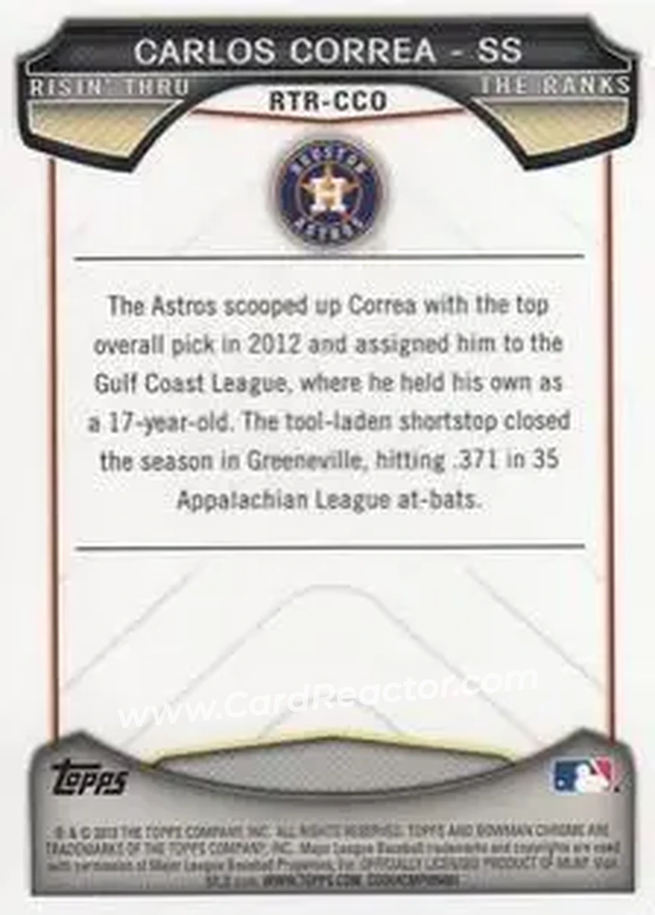 2013 Bowman Chrome - Risin' Thru the Ranks Mini #RTR-CCO - Carlos Correa - Houston Astros - Back