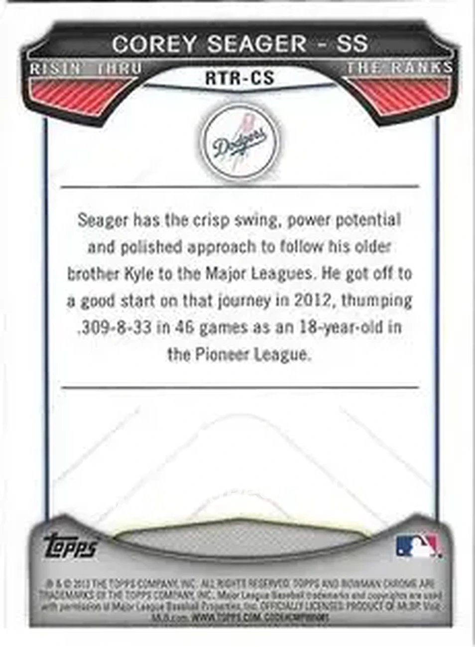 2013 Bowman Chrome - Risin' Thru the Ranks Mini #RTR-CS - Corey Seager - Los Angeles Dodgers - Back