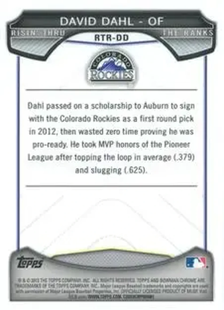 2013 Bowman Chrome - Risin' Thru the Ranks Mini #RTR-DD - David Dahl - Colorado Rockies - Back 2013 Bowman Chrome - Risin' Thru the Ranks Mini #RTR-DD - David Dahl - Colorado Rockies - Back