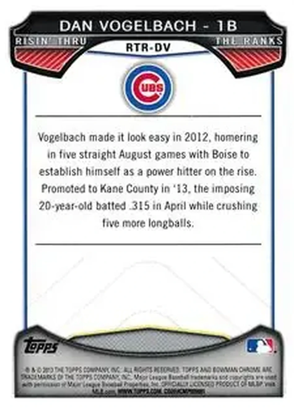 2013 Bowman Chrome - Risin' Thru the Ranks Mini #RTR-DV - Dan Vogelbach - Chicago Cubs - Back