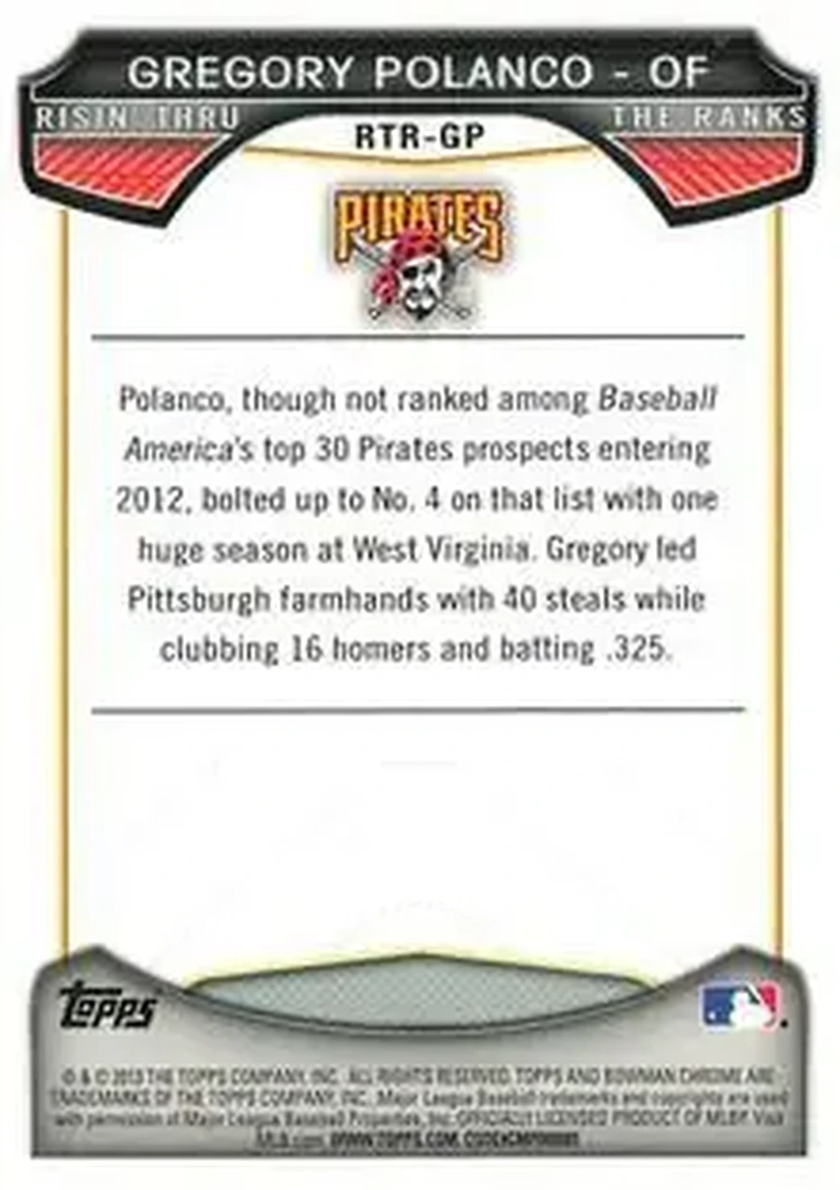 2013 Bowman Chrome - Risin' Thru the Ranks Mini #RTR-GP - Gregory Polanco - Pittsburgh Pirates - Back