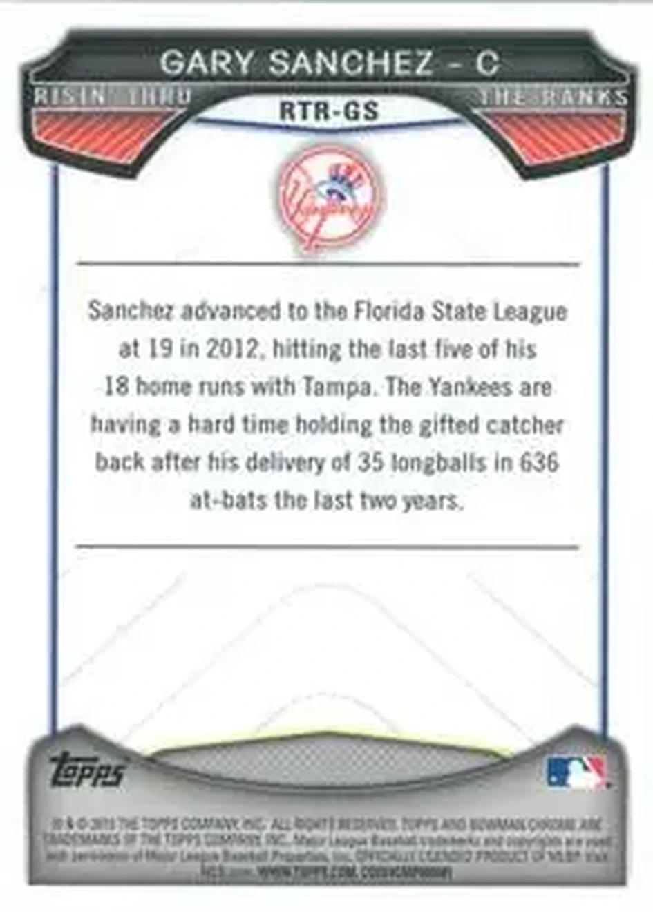 2013 Bowman Chrome - Risin' Thru the Ranks Mini #RTR-GS - Gary Sanchez - New York Yankees - Back 2013 Bowman Chrome - Risin' Thru the Ranks Mini #RTR-GS - Gary Sanchez - New York Yankees - Back