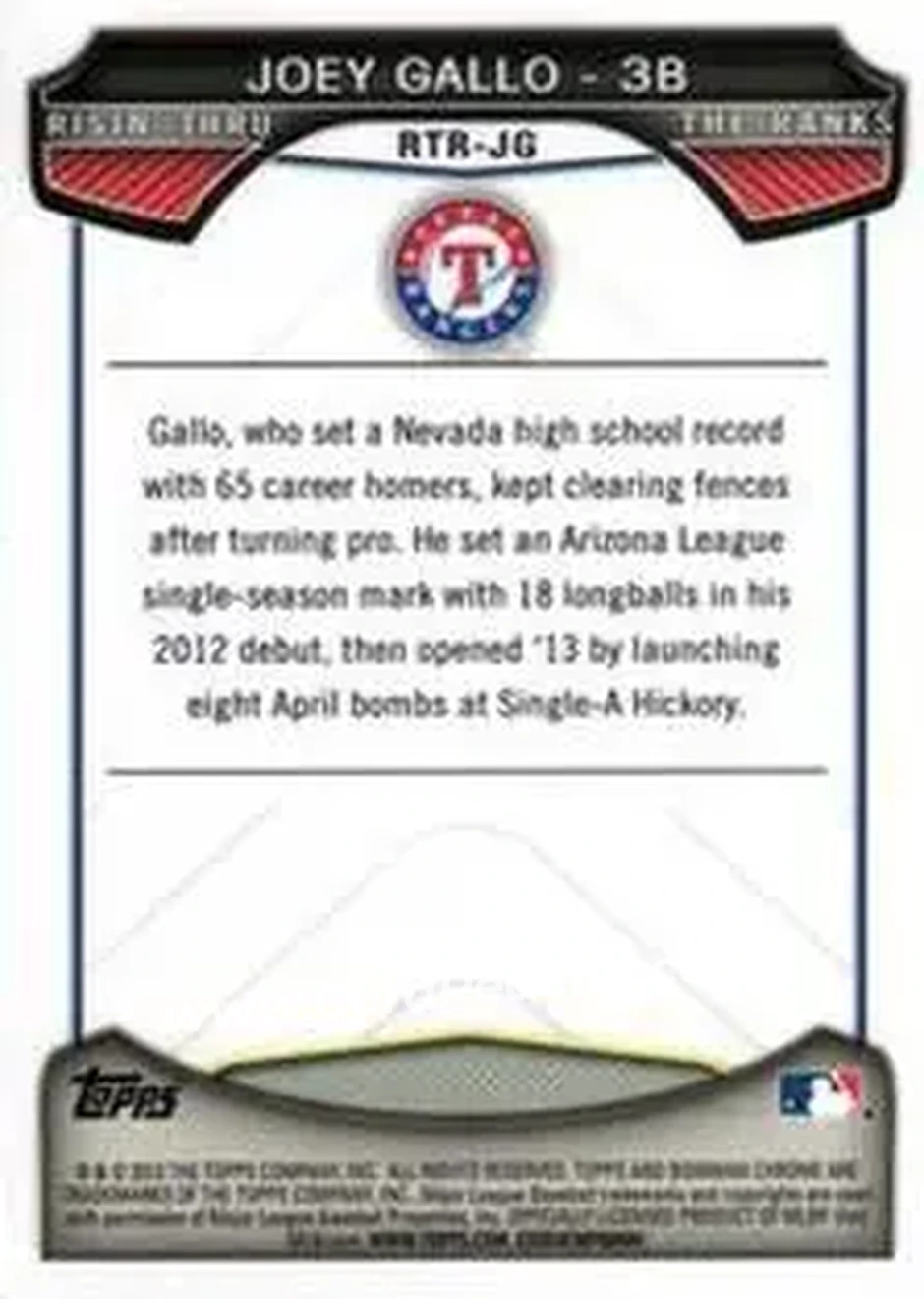 2013 Bowman Chrome - Risin' Thru the Ranks Mini #RTR-JG - Joey Gallo - Texas Rangers - Back