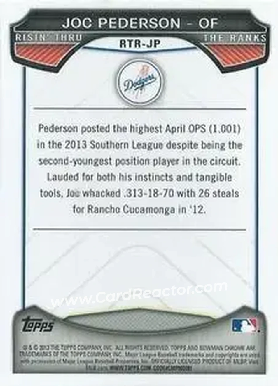 2013 Bowman Chrome - Risin' Thru the Ranks Mini #RTR-JP - Joc Pederson - Los Angeles Dodgers - Back 2013 Bowman Chrome - Risin' Thru the Ranks Mini #RTR-JP - Joc Pederson - Los Angeles Dodgers - Back