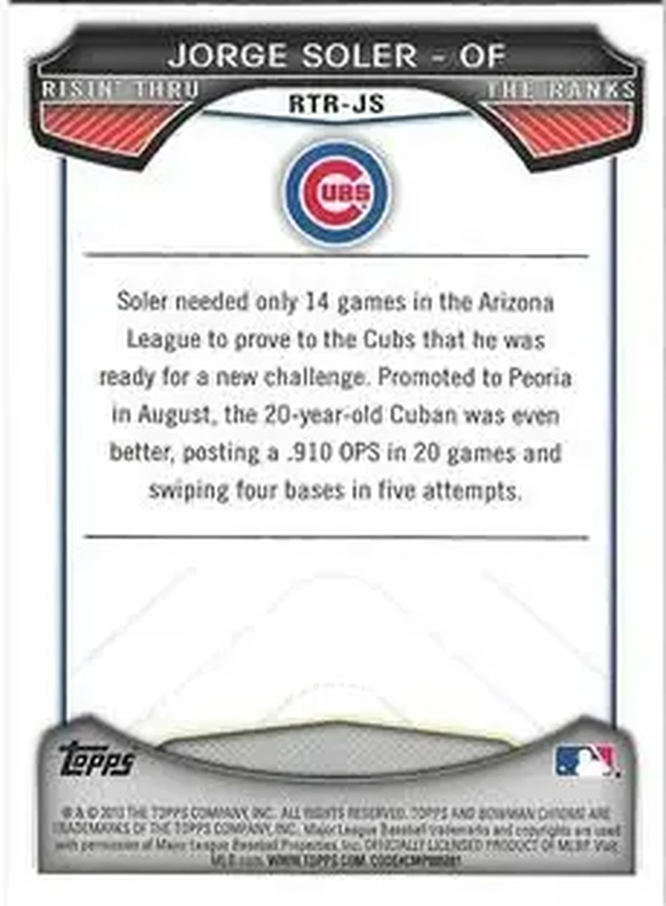 2013 Bowman Chrome - Risin' Thru the Ranks Mini #RTR-JS - Jorge Soler - Chicago Cubs - Back 2013 Bowman Chrome - Risin' Thru the Ranks Mini #RTR-JS - Jorge Soler - Chicago Cubs - Back