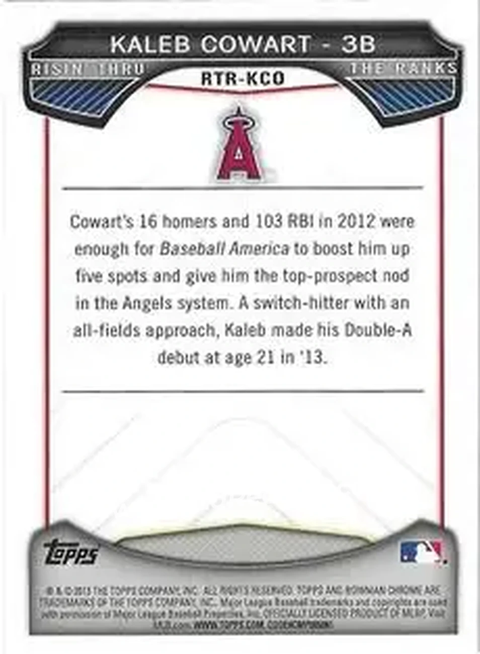 2013 Bowman Chrome - Risin' Thru the Ranks Mini #RTR-KCO - Kaleb Cowart - Los Angeles Angels - Back