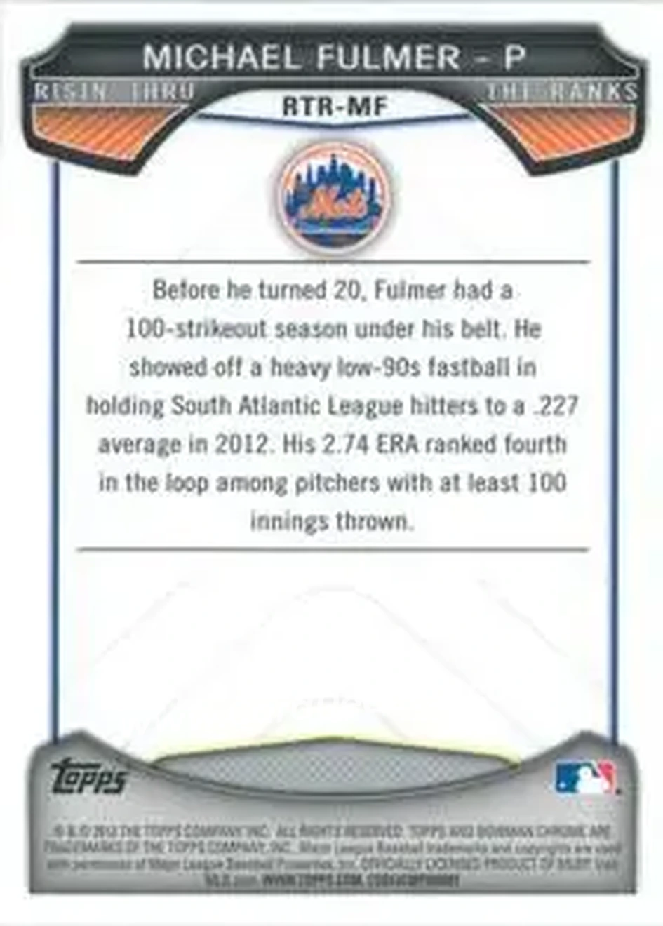 2013 Bowman Chrome - Risin' Thru the Ranks Mini #RTR-MF - Michael Fulmer - New York Mets - Back