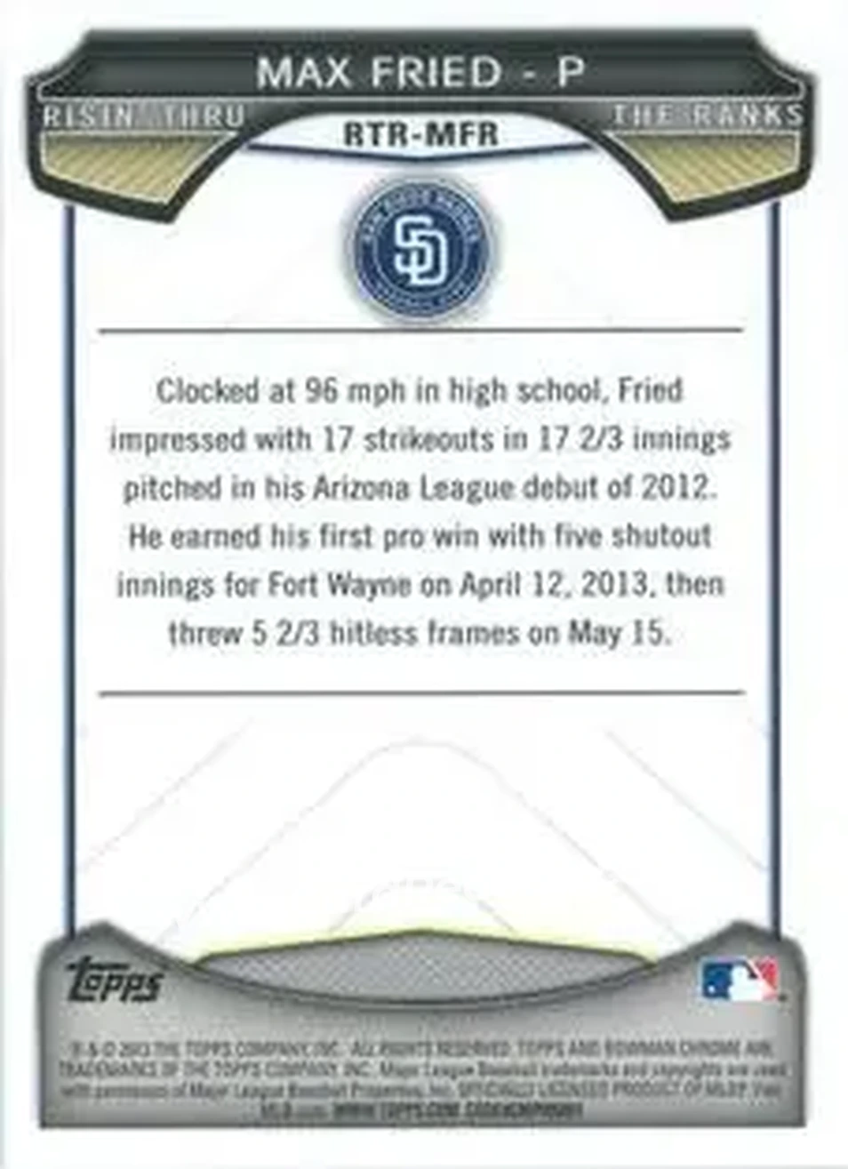 2013 Bowman Chrome - Risin' Thru the Ranks Mini #RTR-MFR - Max Fried - San Diego Padres - Back