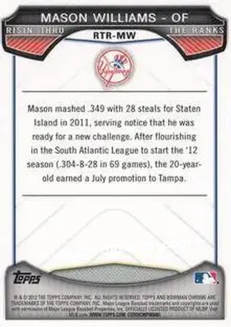 2013 Bowman Chrome - Risin' Thru the Ranks Mini #RTR-MW - Mason Williams - New York Yankees - Back