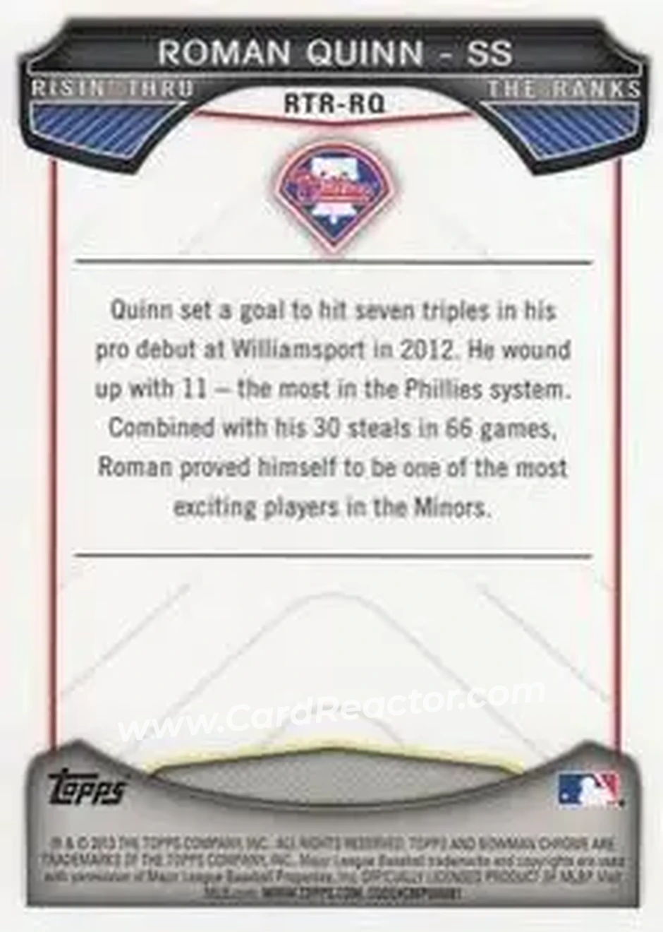 2013 Bowman Chrome - Risin' Thru the Ranks Mini #RTR-RQ - Roman Quinn - Philadelphia Phillies - Back