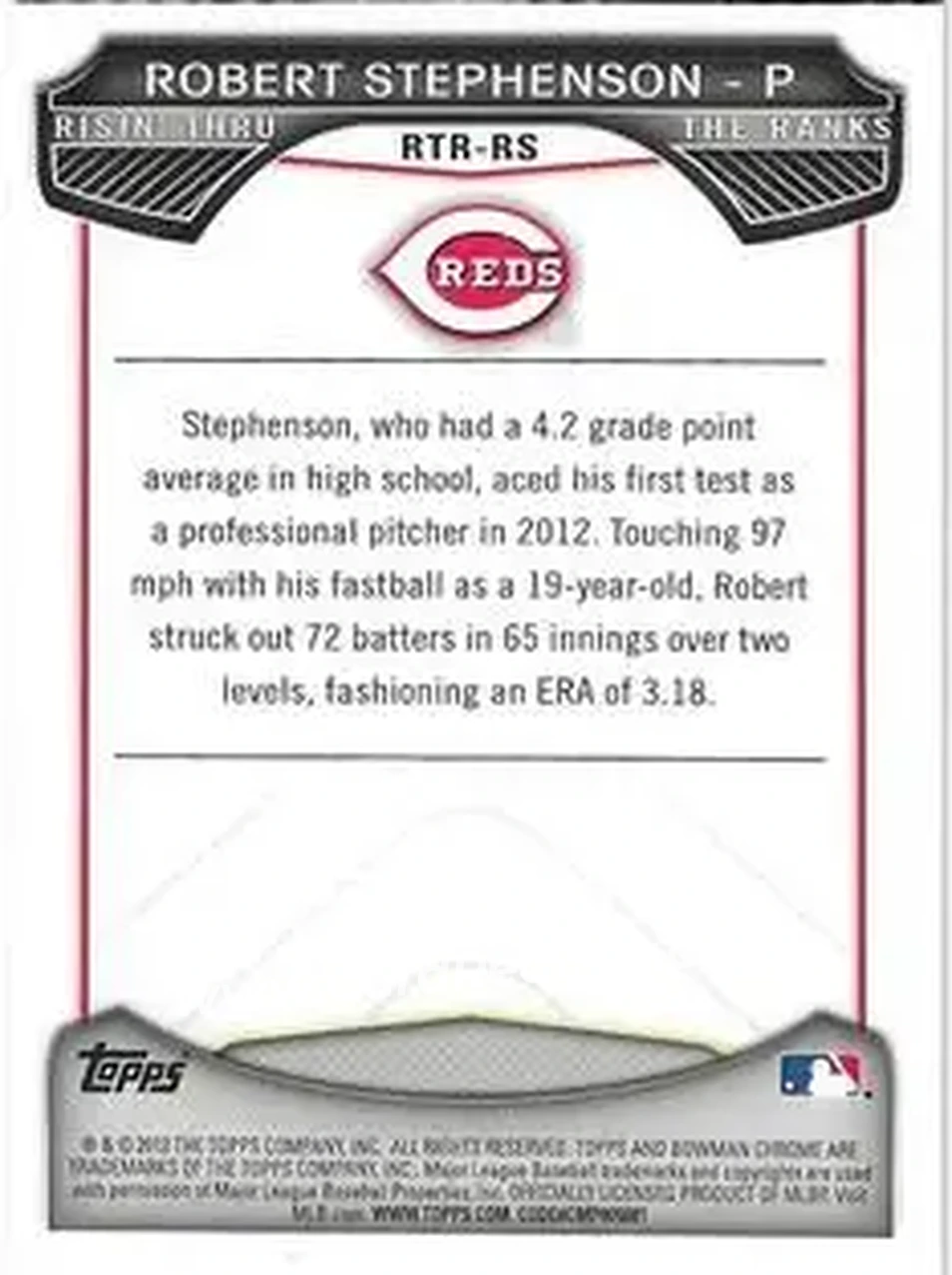 2013 Bowman Chrome - Risin' Thru the Ranks Mini #RTR-RS - Robert Stephenson - Cincinnati Reds - Back