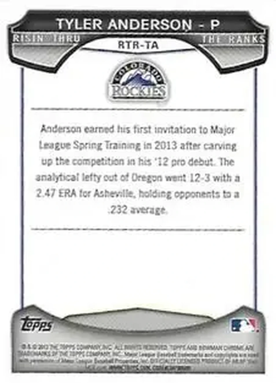 2013 Bowman Chrome - Risin' Thru the Ranks Mini #RTR-TA - Tyler Anderson - Colorado Rockies - Back