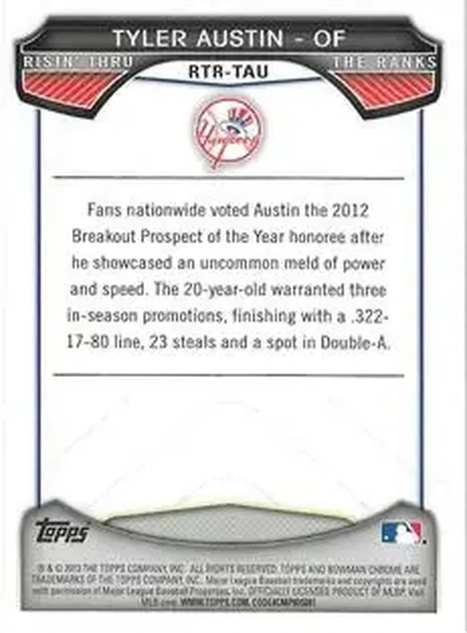 2013 Bowman Chrome - Risin' Thru the Ranks Mini #RTR-TAU - Tyler Austin - New York Yankees - Back