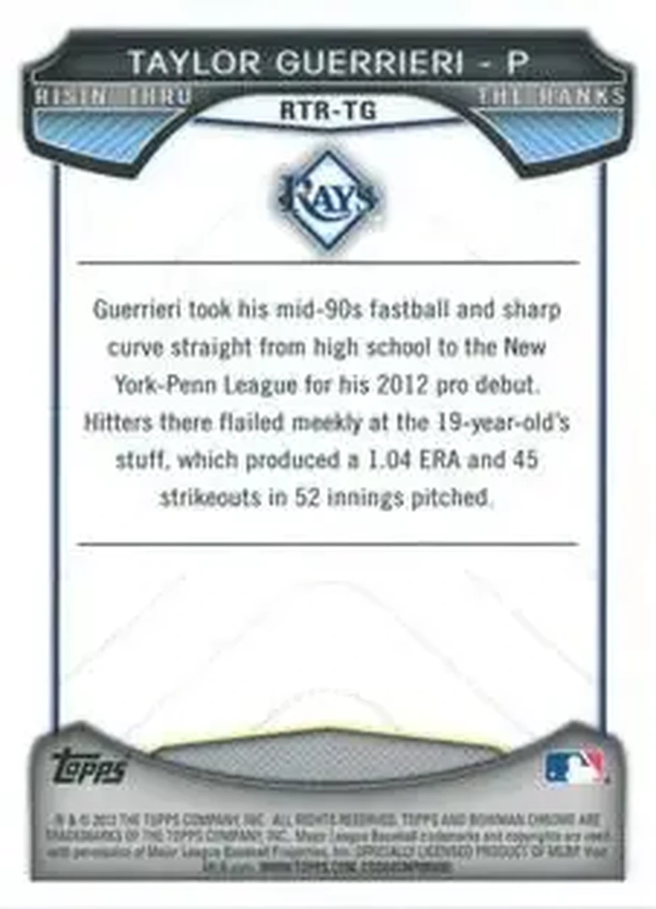 2013 Bowman Chrome - Risin' Thru the Ranks Mini #RTR-TG - Taylor Guerrieri - Tampa Bay Rays - Back 2013 Bowman Chrome - Risin' Thru the Ranks Mini #RTR-TG - Taylor Guerrieri - Tampa Bay Rays - Back