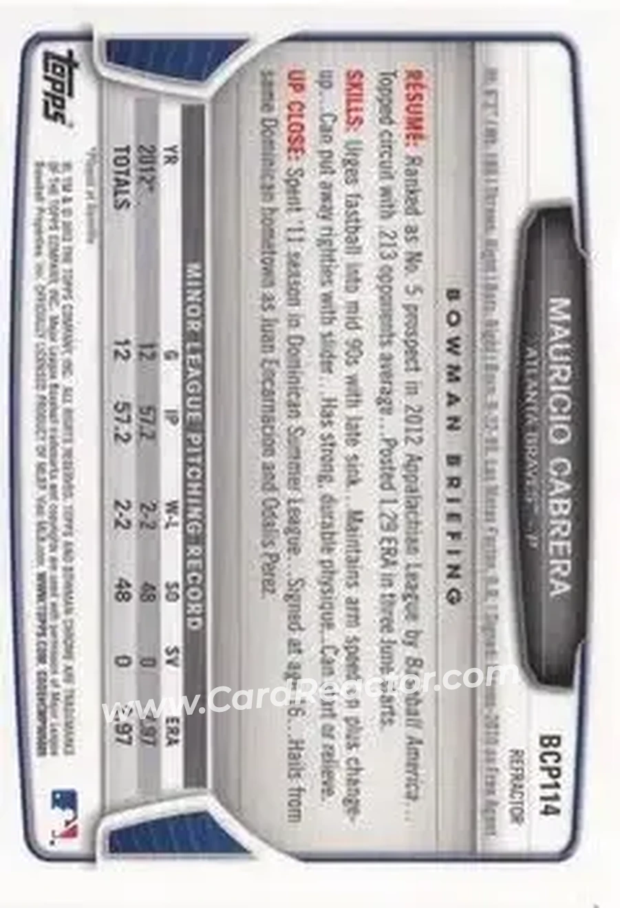 2013 Bowman Chrome - Prospects X-Fractors #BCP114 - Mauricio Cabrera - Atlanta Braves - Back
