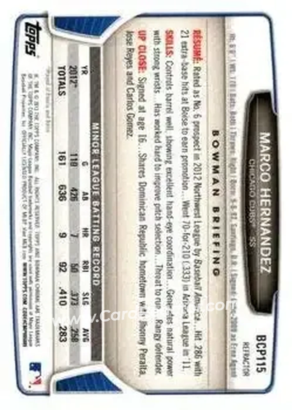 2013 Bowman Chrome - Prospects X-Fractors #BCP115 - Marco Hernandez - Chicago Cubs - Back