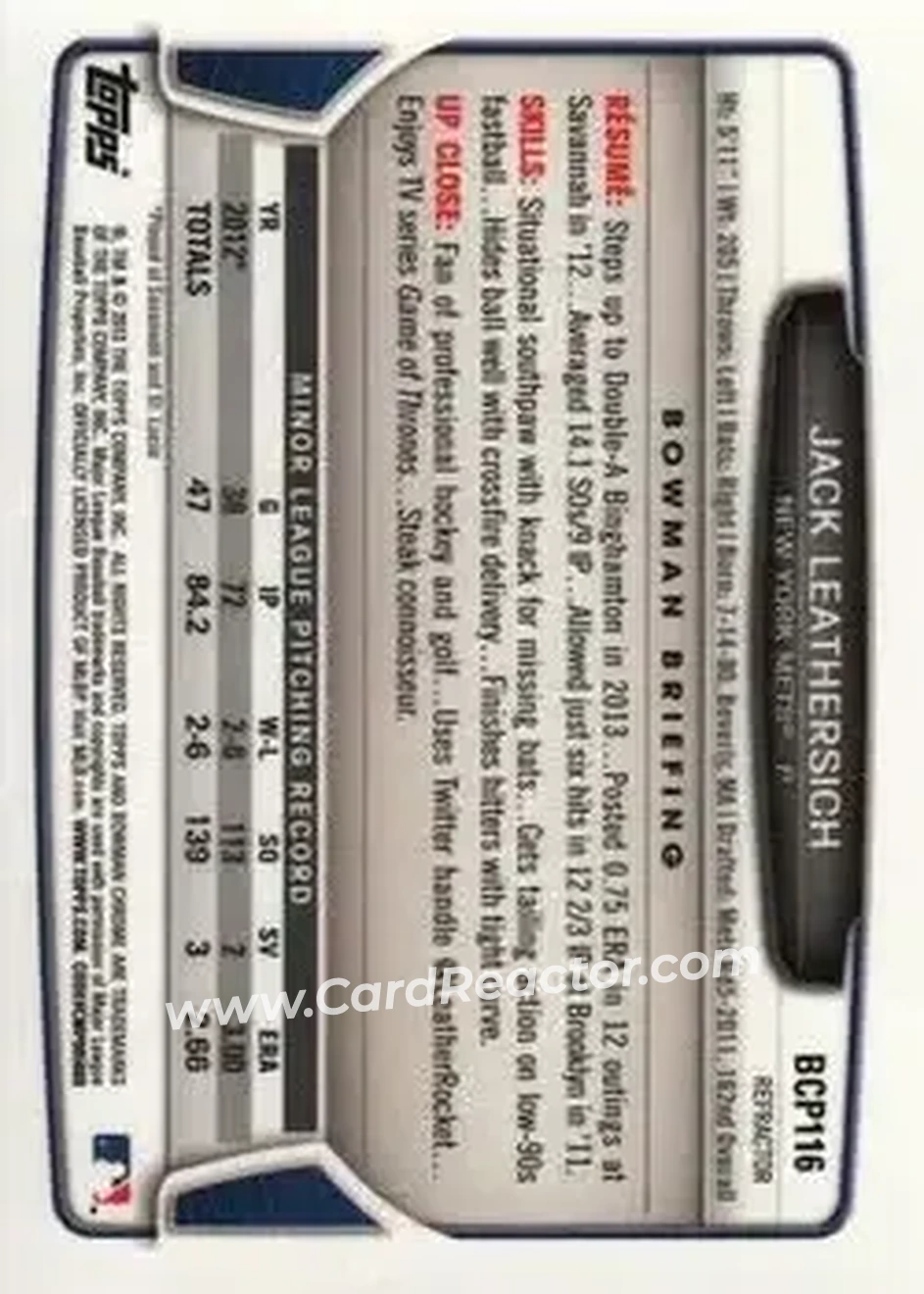 2013 Bowman Chrome - Prospects X-Fractors #BCP116 - Jack Leathersich - New York Mets - Back 2013 Bowman Chrome - Prospects X-Fractors #BCP116 - Jack Leathersich - New York Mets - Back