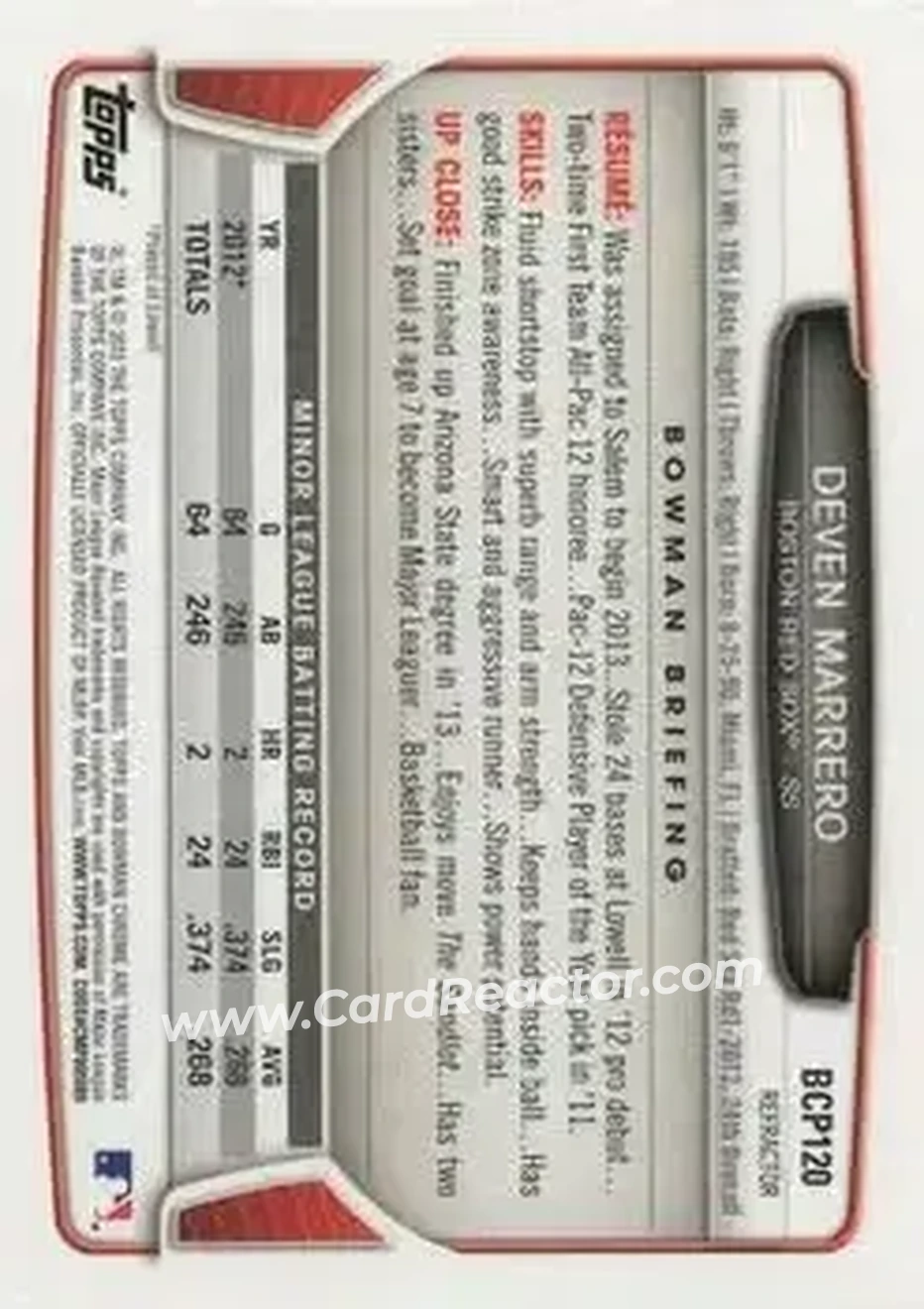2013 Bowman Chrome - Prospects X-Fractors #BCP120 - Deven Marrero - Boston Red Sox - Back
