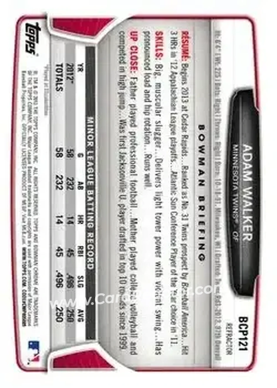 2013 Bowman Chrome - Prospects X-Fractors #BCP121 - Adam Walker - Minnesota Twins - Back