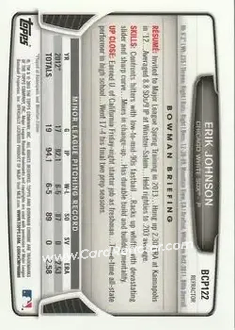 2013 Bowman Chrome - Prospects X-Fractors #BCP122 - Erik Johnson - Chicago White Sox - Back 2013 Bowman Chrome - Prospects X-Fractors #BCP122 - Erik Johnson - Chicago White Sox - Back