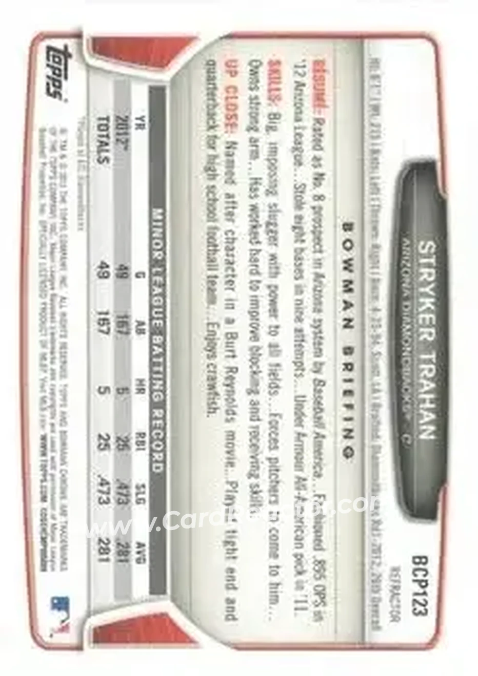 2013 Bowman Chrome - Prospects X-Fractors #BCP123 - Stryker Trahan - Arizona Diamondbacks - Back