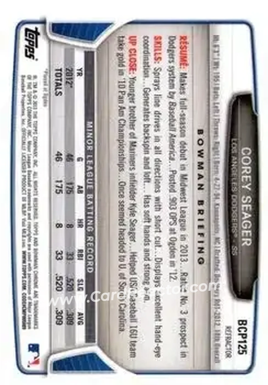 2013 Bowman Chrome - Prospects X-Fractors #BCP125 - Corey Seager - Los Angeles Dodgers - Back 2013 Bowman Chrome - Prospects X-Fractors #BCP125 - Corey Seager - Los Angeles Dodgers - Back