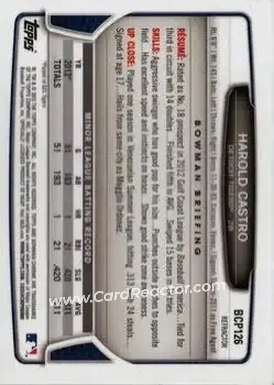 2013 Bowman Chrome - Prospects X-Fractors #BCP126 - Harold Castro - Detroit Tigers - Back
