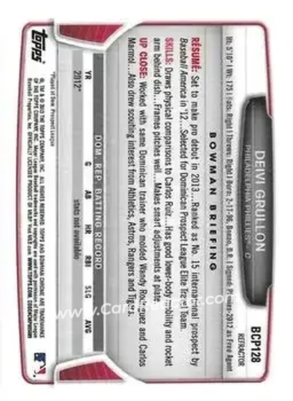 2013 Bowman Chrome - Prospects X-Fractors #BCP128 - Deivi Grullon - Philadelphia Phillies - Back