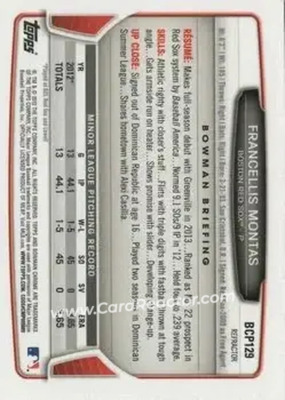 2013 Bowman Chrome - Prospects X-Fractors #BCP129 - Francellis Montas - Boston Red Sox - Back