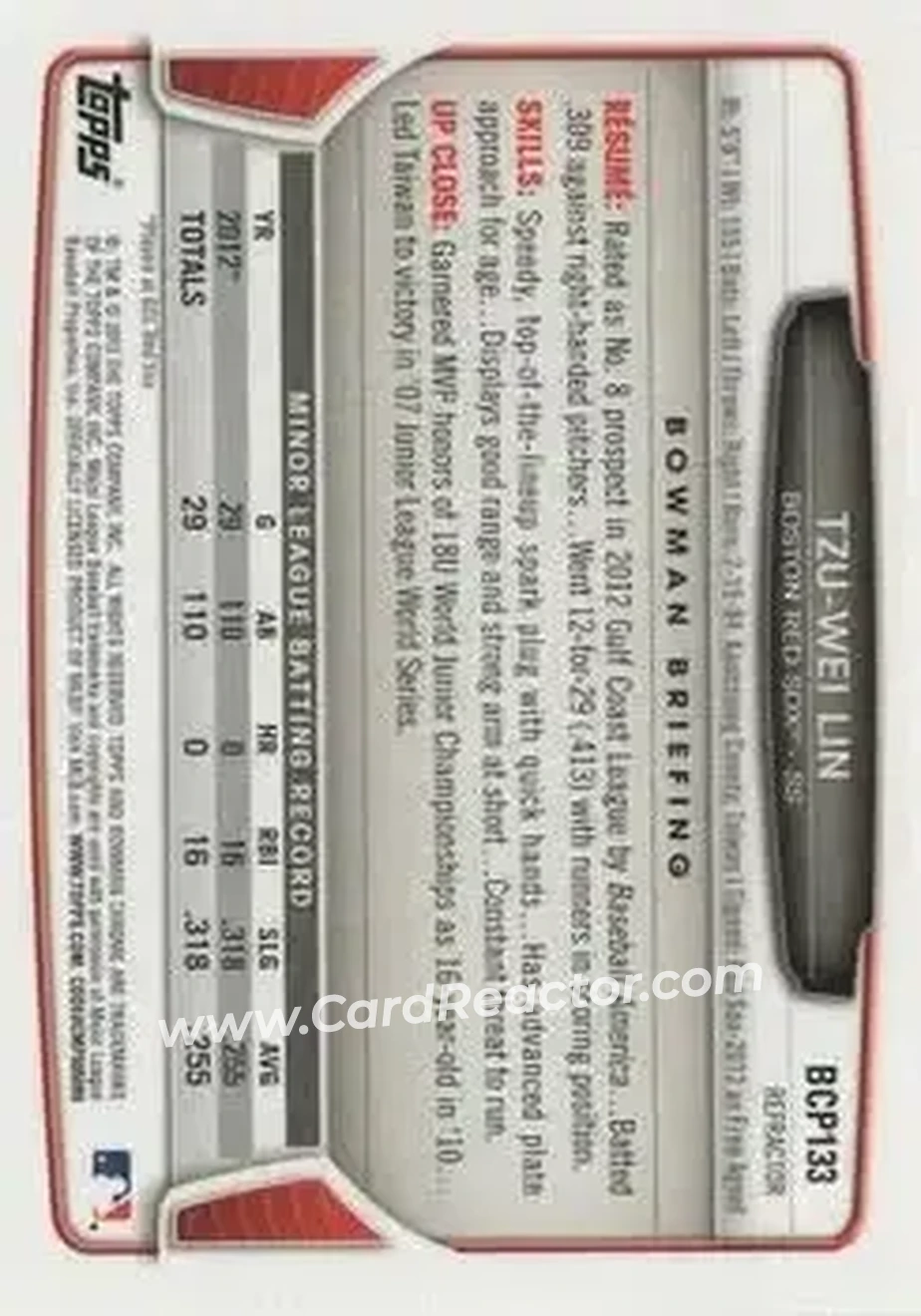 2013 Bowman Chrome - Prospects X-Fractors #BCP133 - Tzu-Wei Lin - Boston Red Sox - Back